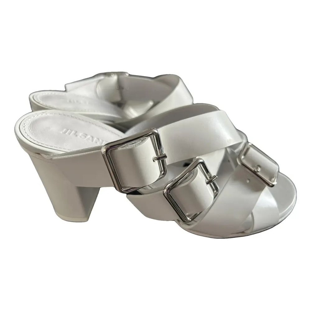 Jil Sander White Leather Double Buckle Block Heel Mules